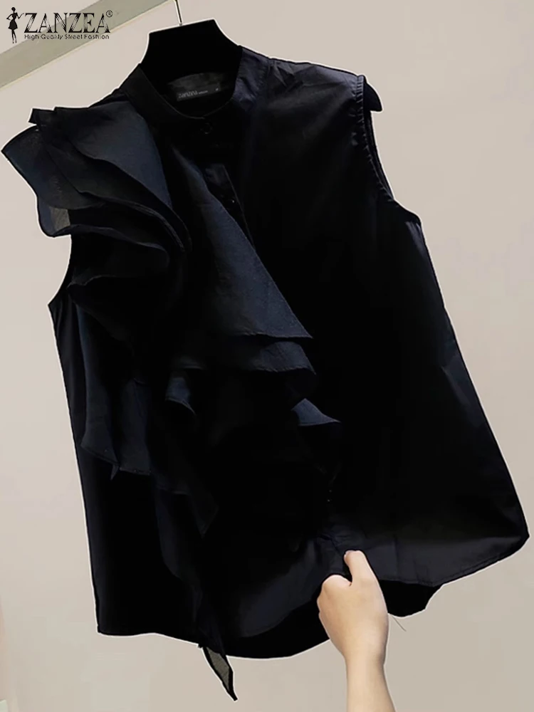 

Блузка ZANZEA женская без рукавов, шикарная модная офисная Свободная рубашка на пуговицах, с 3d вышивкой, с оборками, лето 2024