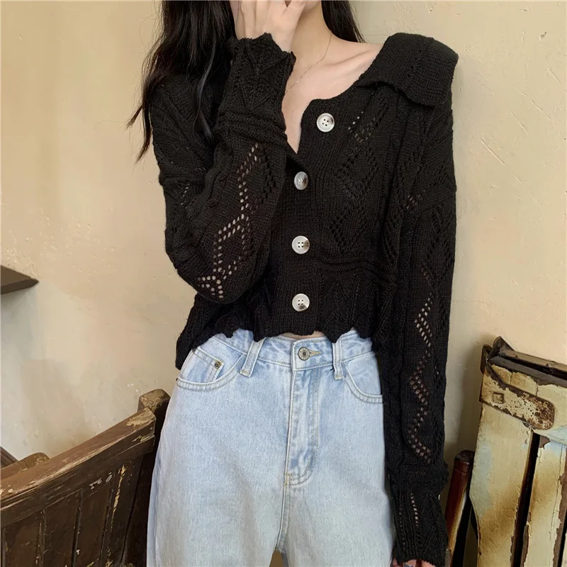 

Autumn and Winter New Loose Retro Fashion Polo Collar Hollow Sweater Sweater Long Sleeve Coat Top Women