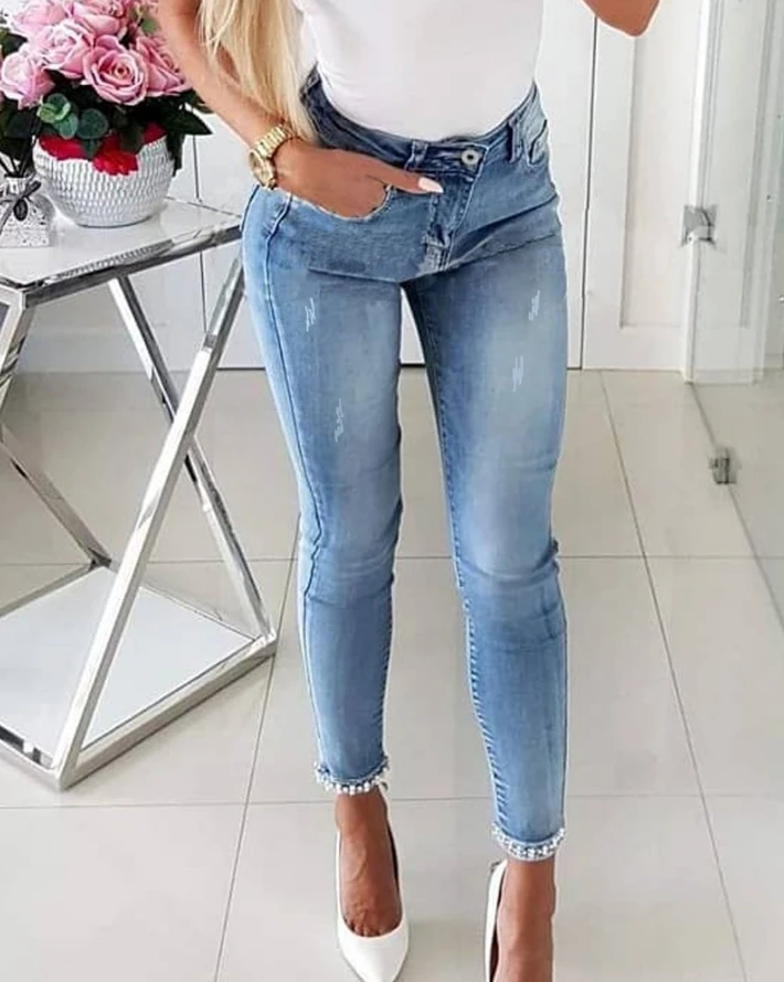 Women's Summer Pants Pocket Slim Fit Gradient High Waist Zipper Fashion Beaded Opening Bow Decoration Jeans