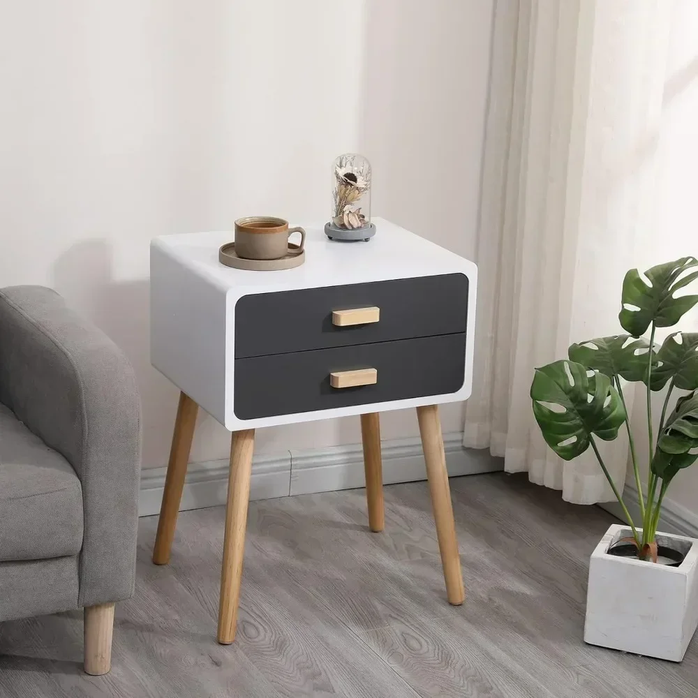 Set of 2 Nightstand End Table with 2 Storage Drawers and Solid Wooden Legs, Bedroom Living Room Furniture (Grey) 1 Set of 2 Nightstand End Table with 2 Storage Drawers and Solid Wooden Legs, Bedroom Living Room Furniture (Grey) 1