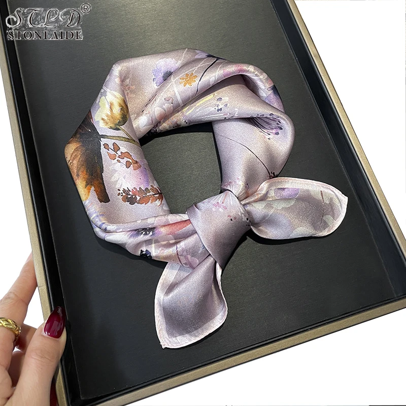 

Korean Women 100% Mulberry Silk Neckerchiefs Vintage Champagne Flowers Spring Summer 53CM Small Square Scarf Gift Mother Scarf