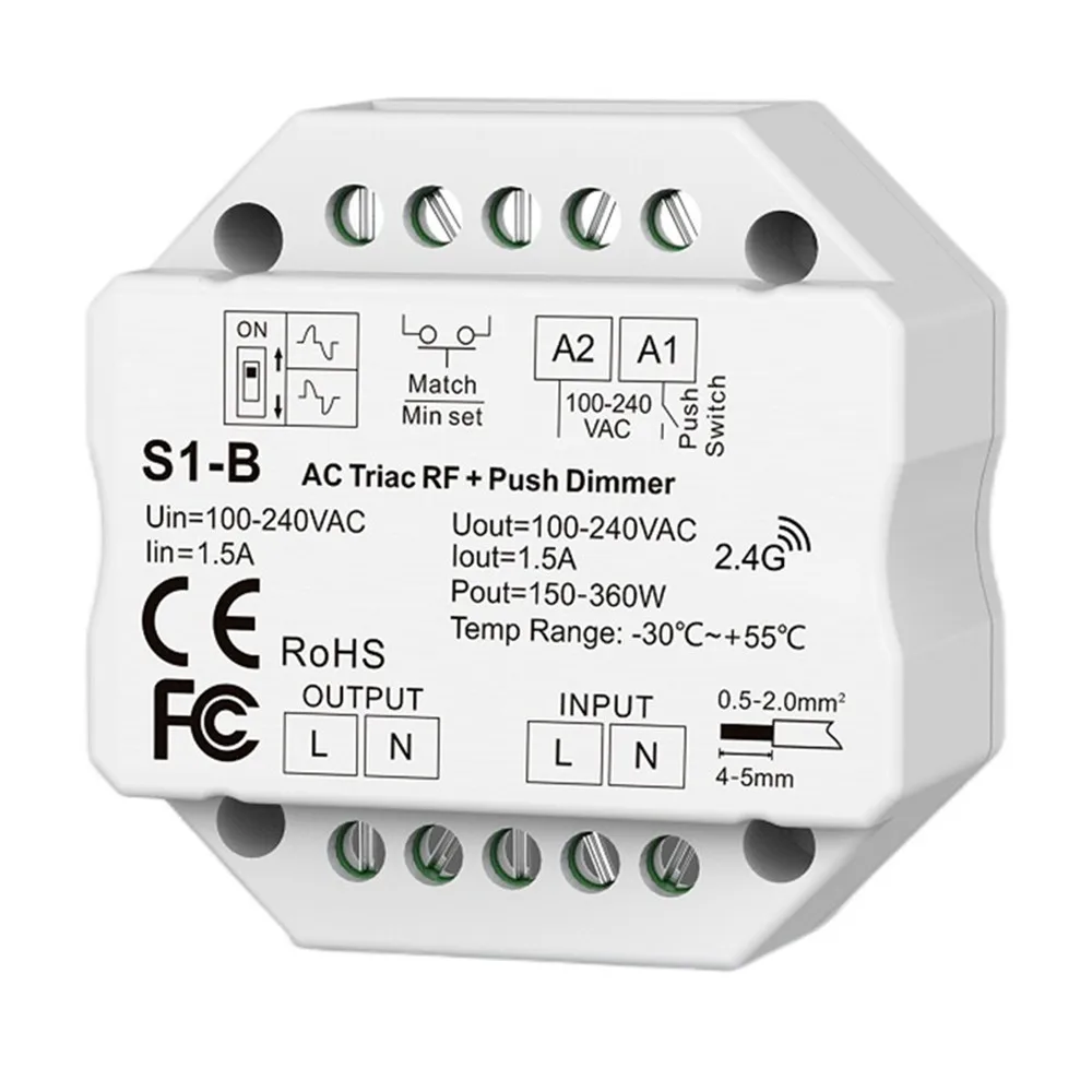 Zigbee / WiFi / RF AC Triac Dimmer single color 2.4G RF LED controller S1-B CH*1.5A RF + Push AC Phase-cut Dimmer