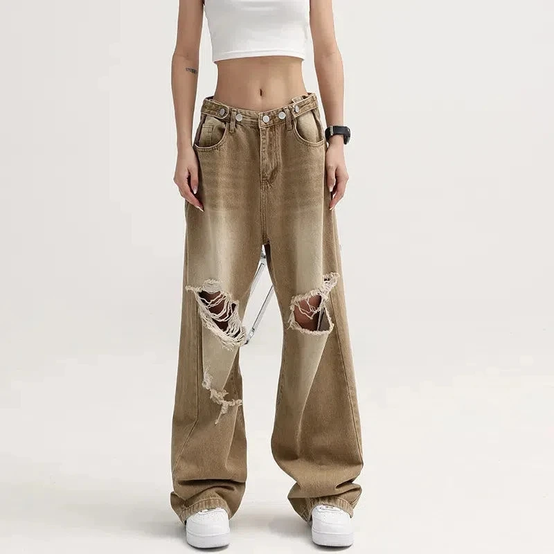 

Y2k Retro Women'S Loose Pants Brown Ripped Jeans Women'S Street High Waist Gradient Color Fashion Casual Mopping Trousers