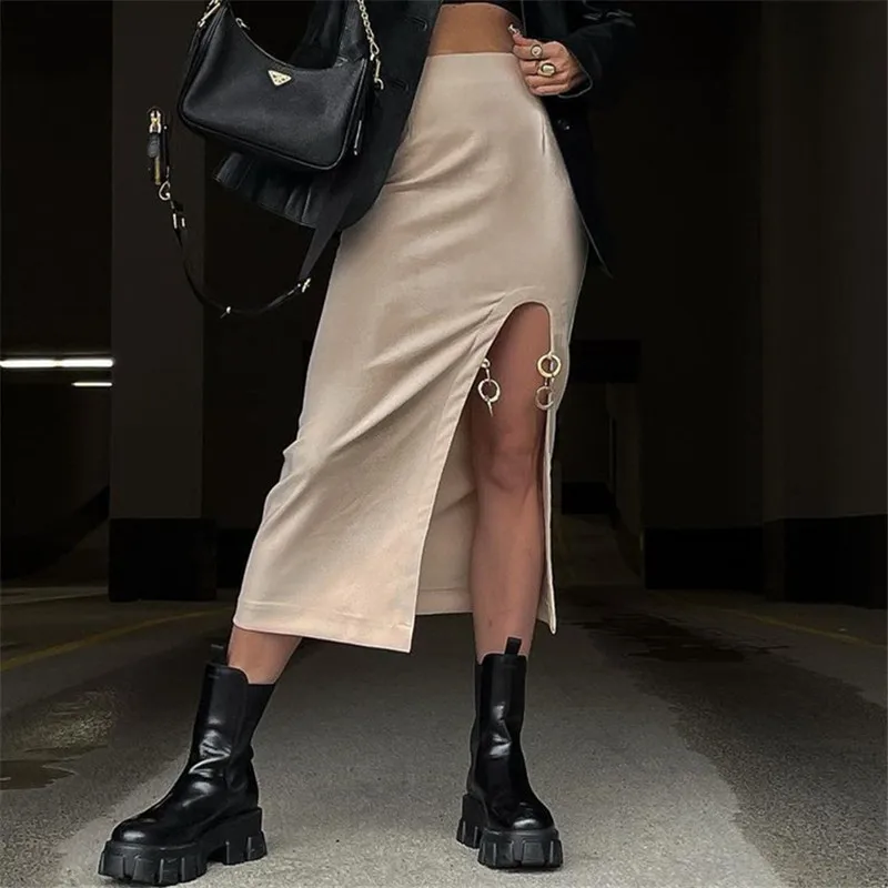 Women's Y2k Punk Skirts with High Waist and High Slits Elegant Fashion and Sexy Chain Decoration Street Wear Mid-length Skirts y2k street hip hop harajuku butterfly decoration denim women s high waist embroidery loose straight hole mopping pants men
