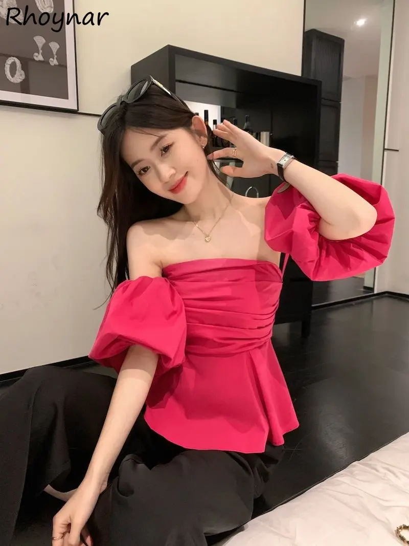 

Rosy Blouses Women Slim Club Wear Sexy Summer Puff Sleeve Retro Elegant Folds Chic French Style Crop Tops Slash Neck Temperament