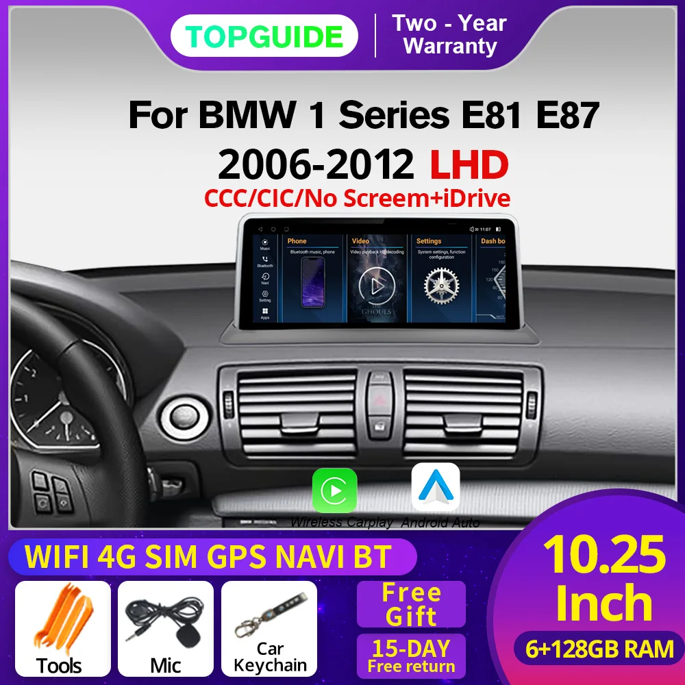 NAVIGUIDE 10.25 무선 카플레이, 안드로이드 자동 멀티미디어 플레이어, BMW 1 시리즈 E81 E82 E87 E88, 터치 스크린 라디오 