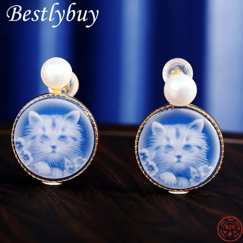 

S925 Sterling Silver Earrings 2022 New Fashion Blue Agate Relief Little Cat Ear Studs Pure Argentum Jewelry for Women