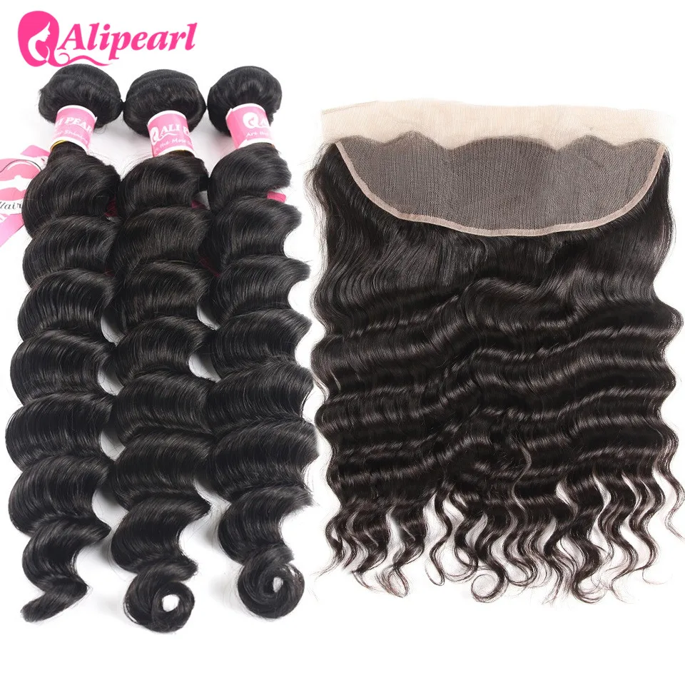 Ali Pearl Loose Deep Wave Bundles With Frontal Malaysian Human Hair Bundles With Lace Frontal Closure 3PCS Remy Hair Extensions