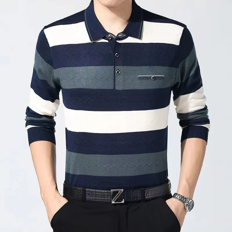 

2023 New Spring and Autumn Middle Aged Men's Fashion Stripe Long Sleeve Loose Shirt Button Collar Simple Versatile Polo Shirt