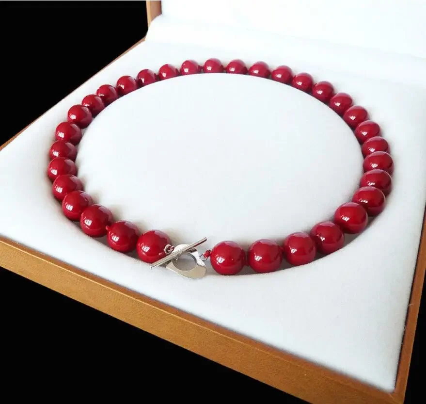 Jewelry    Rare Huge 12mm Genuine South Sea coral red Shell Pearl Necklace Heart Clasp 18''