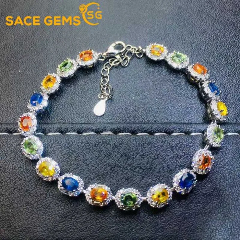 

SACEGEMS 925Sterling Silver Certified 3*4MM Natual Colourful Sapphire Bracelrts for Women Engagement Cocktail Party Fine Jewelry