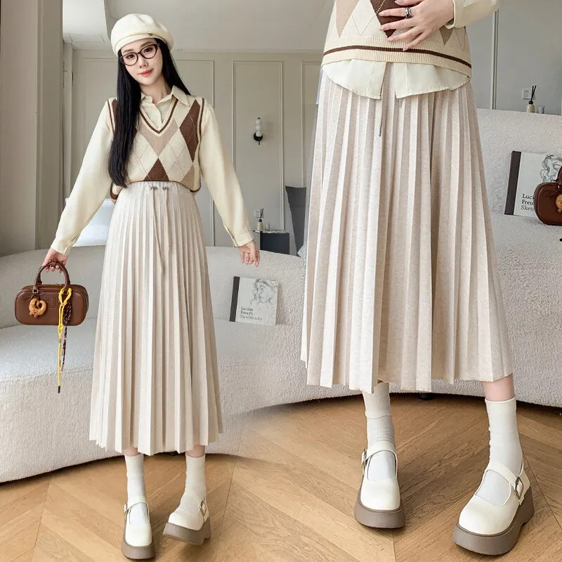 W72054# Pregnancy Skirt A Line Pleated Design Skirts Women Maxi Dress Vintage Casual Midi Maternity Skirt