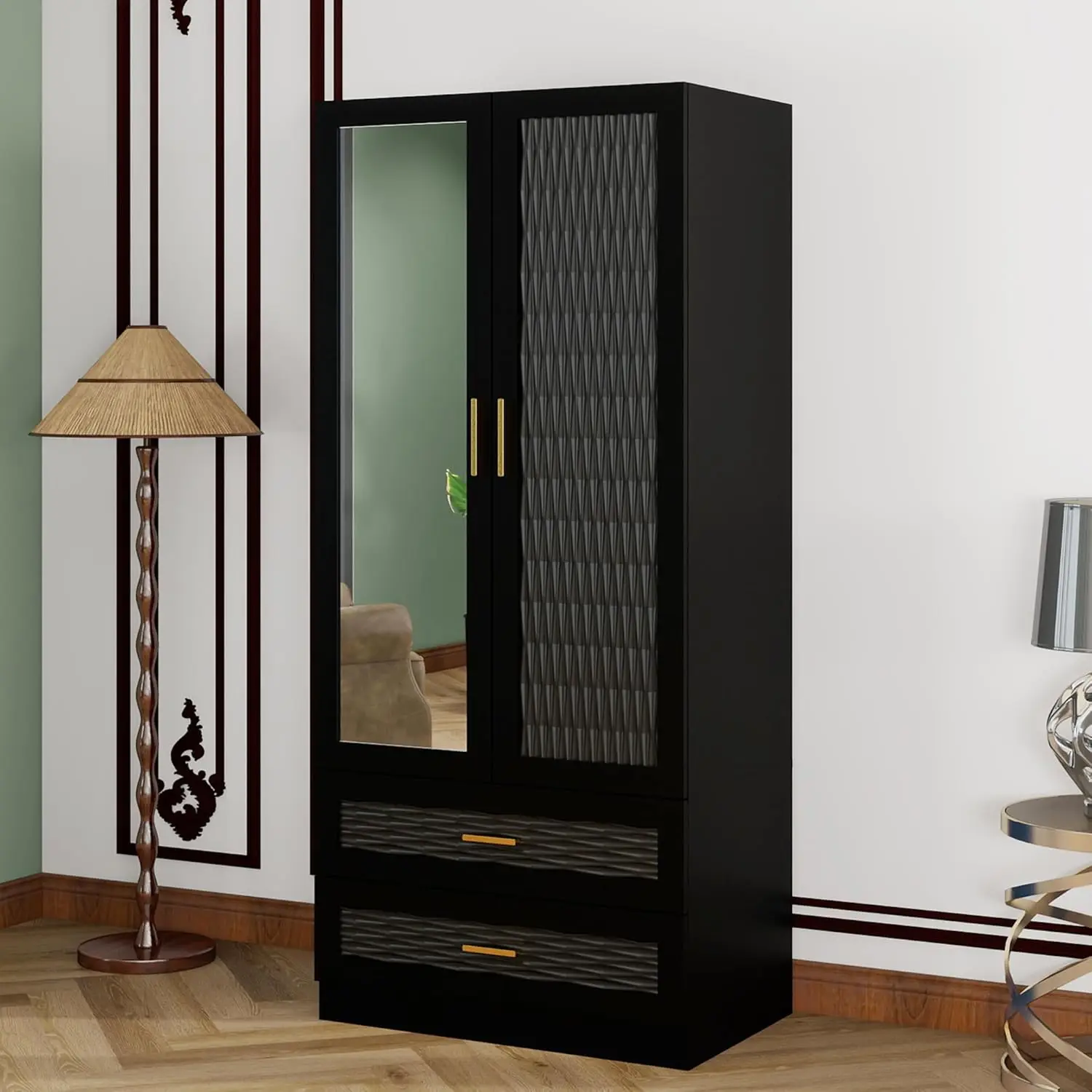 Wood Armoire Wardrobe Closet with Mirror, Storage Cabinet Bedroom Freestanding Wardrobe Combination for Hanging , Black 70.47”H 2