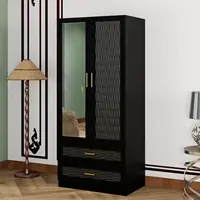 Wood Armoire Wardrobe Closet with Mirror, Storage Cabinet Bedroom Freestanding Wardrobe Combination for Hanging , Black 70.47”H 2