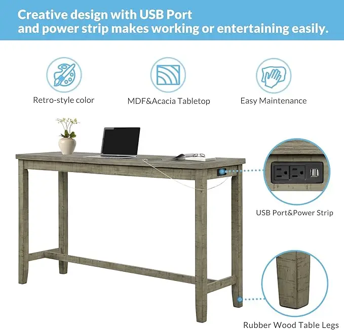 4-Piece Bar Table Set Counter Height Dining Pub Table Set with 3 Bar Stools Multipurpose Pub with USB Interface