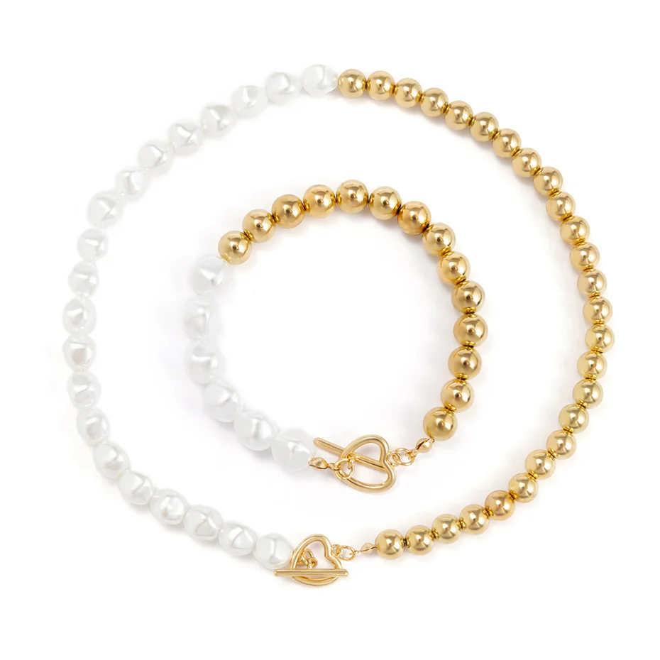 Half Pearl Gold Beads Chain Necklace And Bracelet Set With Golden Heart Buckle Closer