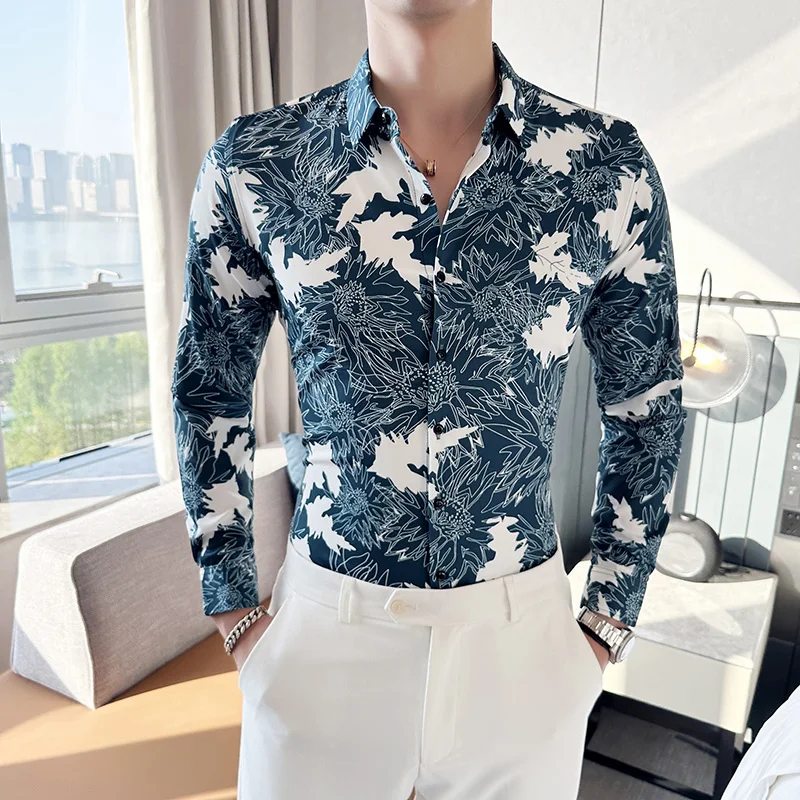 

Fine Men's Advanced Sense Lapel Non-ironing Long Sleeve Shirt Trend Digital Print Casual Slim Shirt Fabric Soft and Comfortable