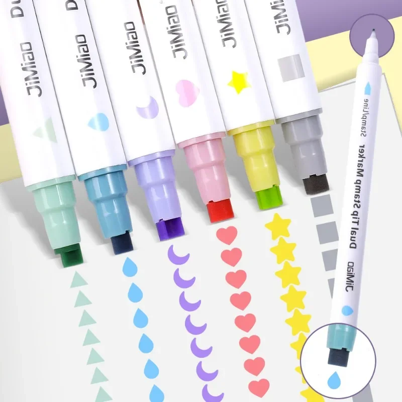 6 Colors Stamp Art Marker Double Headed Highlighter Pen Star/Heart/Moon/Drop/Square for Scrapbook Student Stationery Supplies