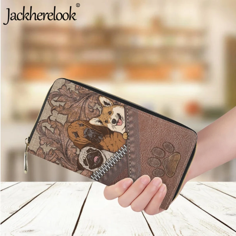 

Jackherelook Leather Wallet Fashion Women Trendy Cute Dog Print Corgi Pattern Long Purse Card Holder Girl Clutch Daily Money Bag