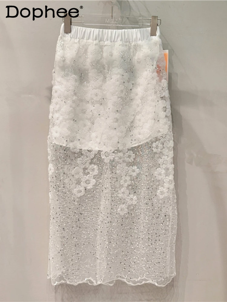 Elegant High-Grade Chic Exquisite Flowers Gauze Skirt for Women 2024 Spring Summer New Fashion Beading High Waist Skirt female