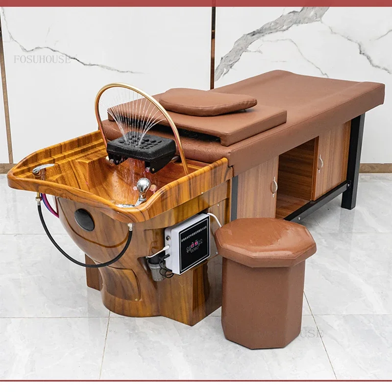 Chinese Wood Salon Chair for Massage Therapy Fumigation with Water Heater Shampoo Bed Pu Leather Simple Chairs for Hair Salon