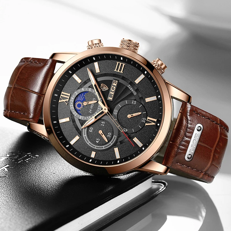 LIGE New Genuine Leather Watch for Men Fashion Business Watch Men Top Brand Luxury Military Waterproof Men's Quartz Wristwatches