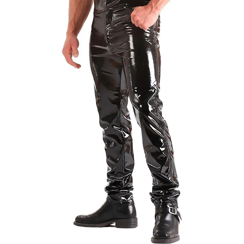 

Мужские Блестящие брюки из лакированной кожи, брюки из искусственного латекса со средней талией, облегающие эластичные брюки из ПУ кожи, Мужская Клубная одежда из ПВХ, индивидуальный костюм