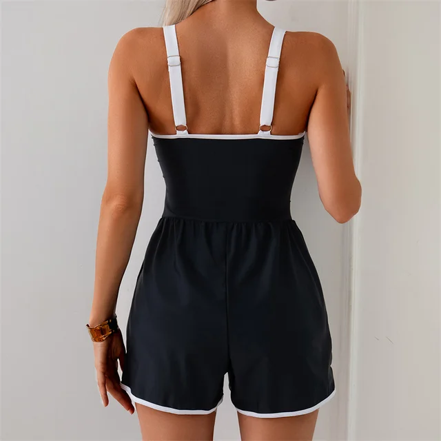 Women One Piece Swimsuit Summer Swimming Jumpsuit Vest Shorts Solid Classical Color Female Deep Neck Bathing Suits Beach 2026 2