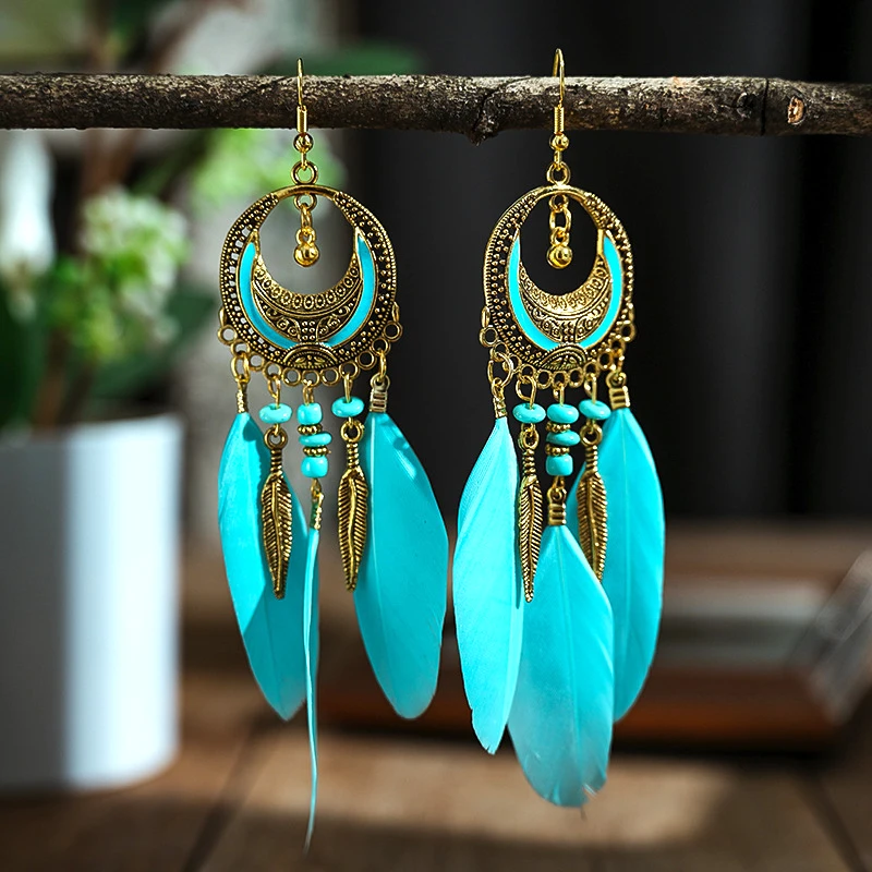 Antique Gold Color Crescent Design Feather Earrings for Women Long