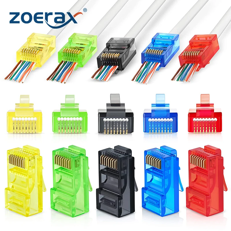 Zoerax-pass Through Conectores para Cabo de Rede Utp Sólido ou Encalhado ez para Crimpagem Plug Modular Rj45 Cat6 Cores Sortidas