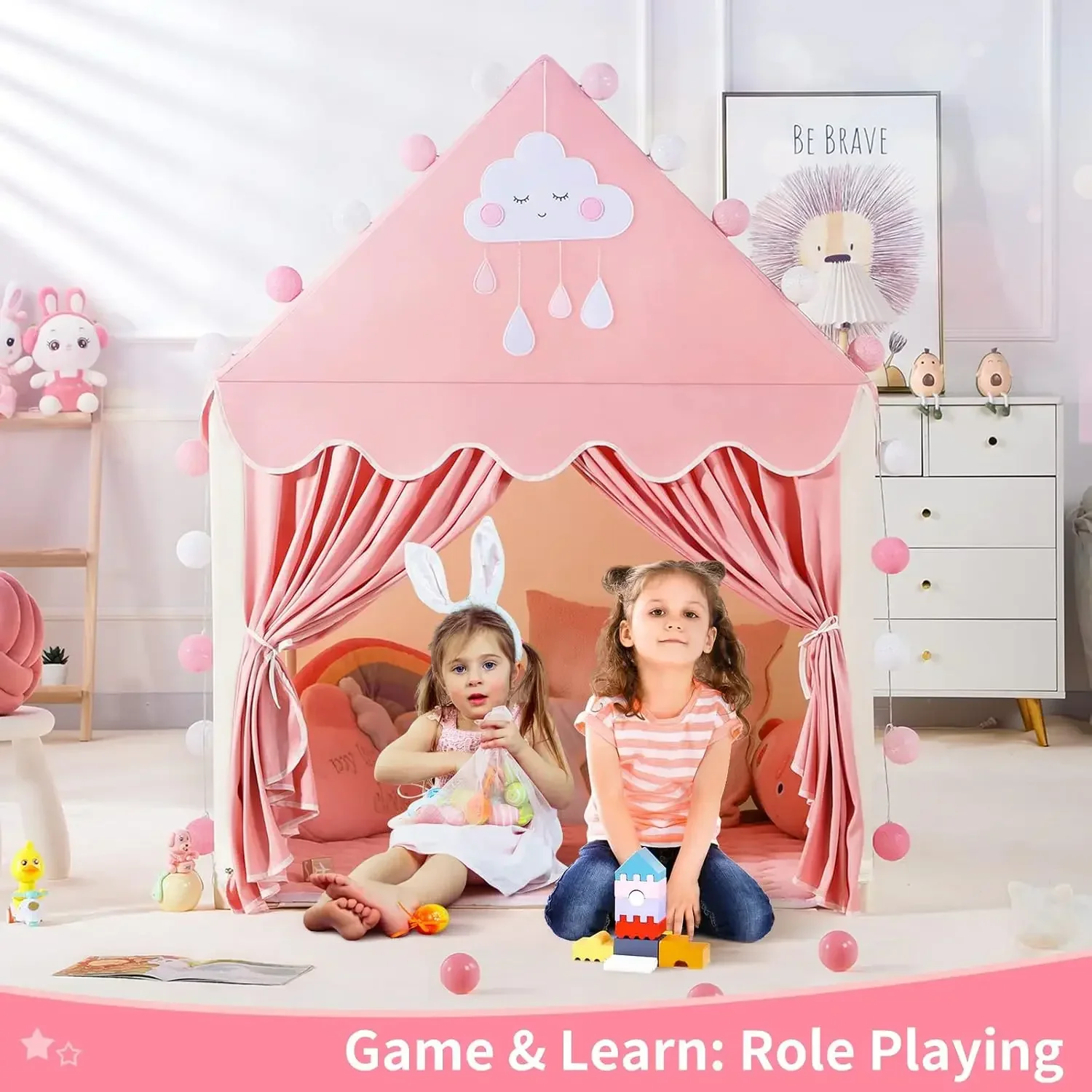 Kids Tent Girl Baby Little Princess Children Toy Tent 1.35M Wigwam Folding Castle Children's Room Decor Birthday Christmas Gifts