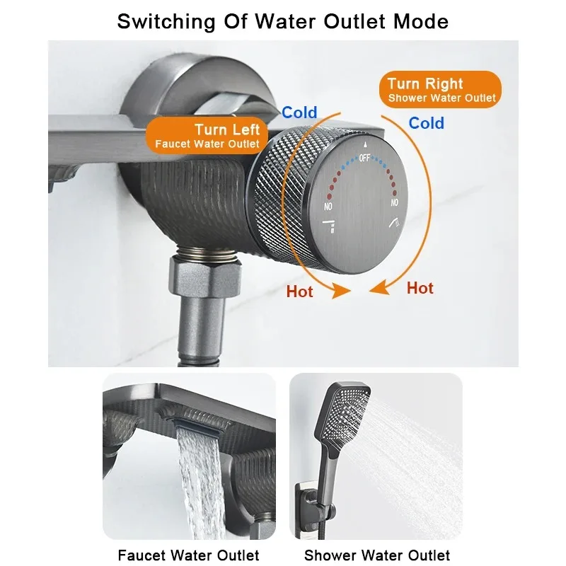 Gray Waterfall Bathtub Faucet With Hand Shower Brass Chrome Wall Mounted Bathroom Shower Mixer Tap Full Shower system Set 3