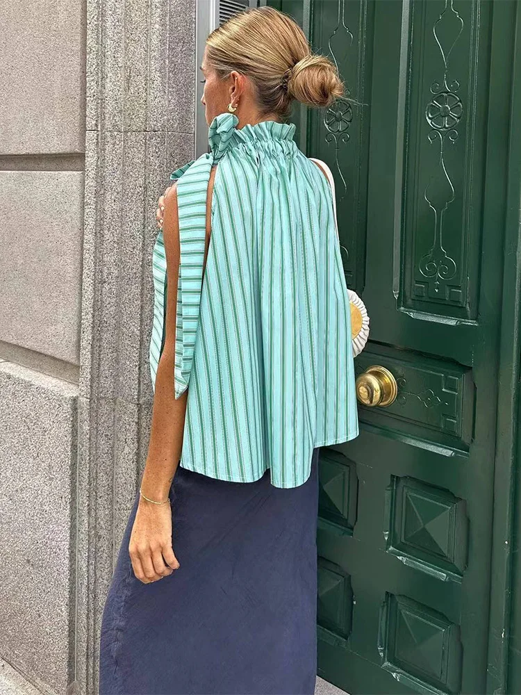 

Pinch-neck Sleeveless Striped Blouse Lace Up Shirts for Women Fashion Causal Stand Collar Tops Female High Street Blouse