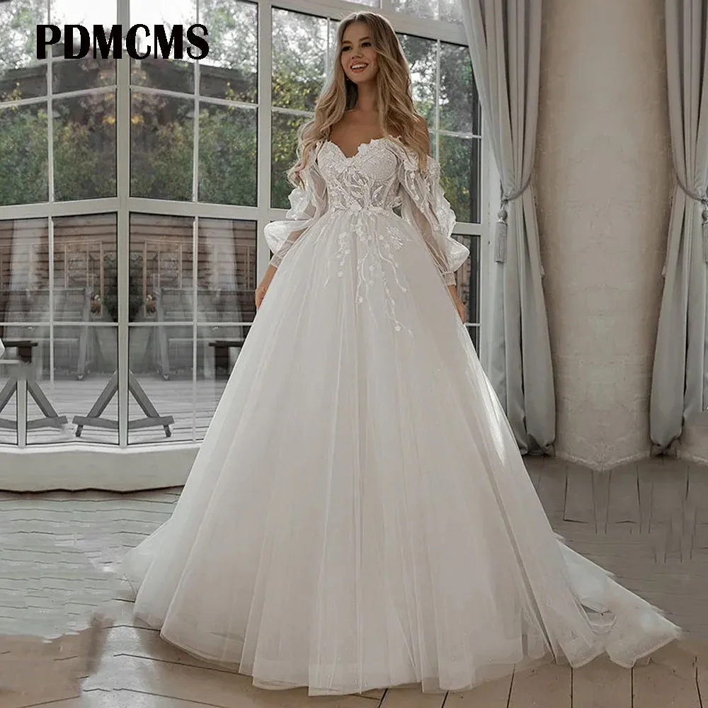 

PDMCMS Ivory Wedding Dresses Puff Long Sleeves Appliques Lace 3D Flower Off The Shoulder Boho Bride Gowns 2024 vestidos de novia