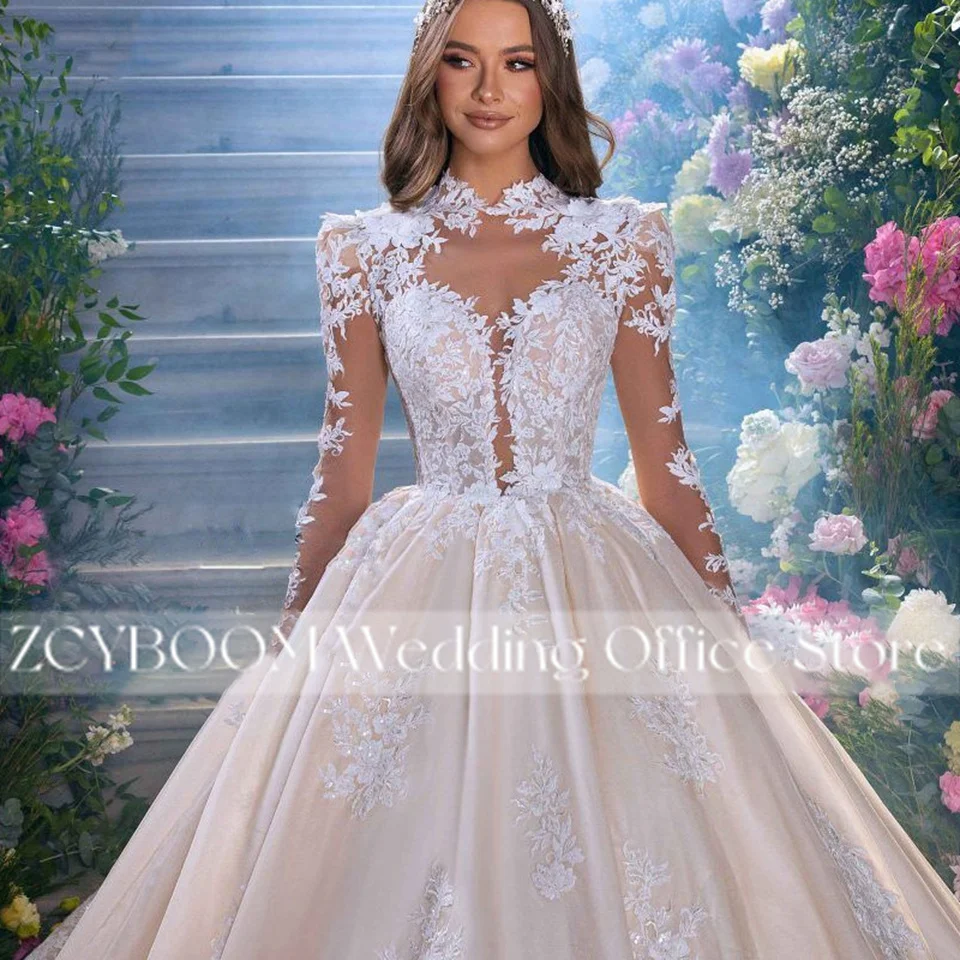 Elegante Champagner Hochzeitskleider 2026 mit hohem Kragen, Illusionsärmeln, Tüllapplikationen, Brautkleid mit Schleppe, Vestidos De Novia – Detail 7