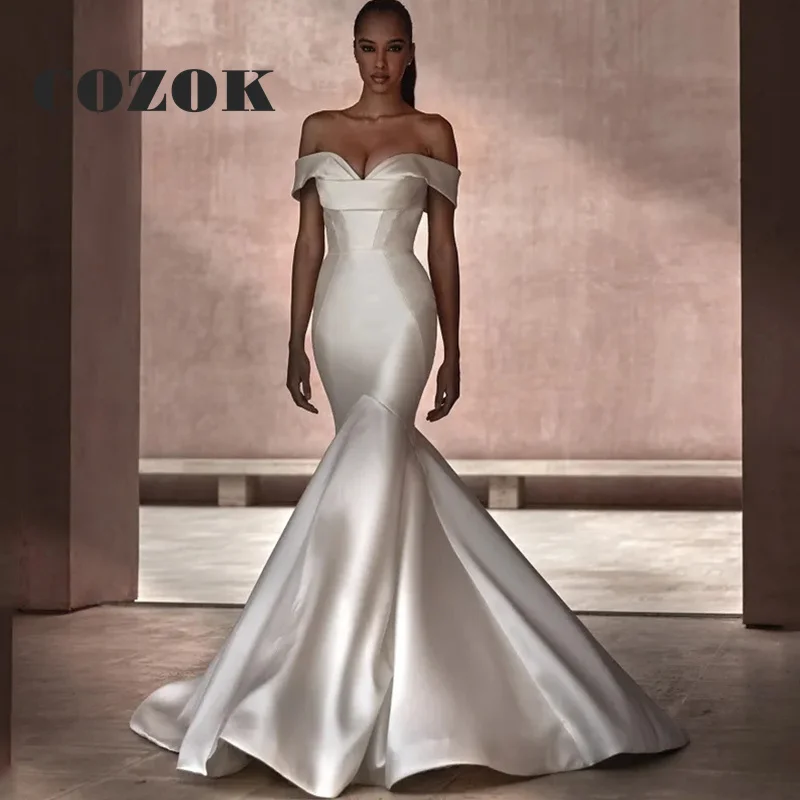 

Mermaid Charming Satin Wedding Dresses Off Shoulder Sweetheart Pleat Floor-Length Bridal Gowns 2024 Robe De Mariée Custom Z86Z