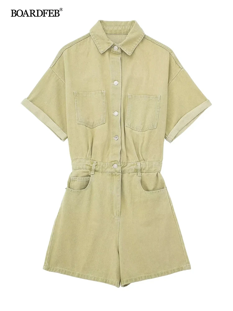 2023 Women Denim Jumpsuits Casual Tops One Piece Outfit Solid Color Fashionable Simple Comfortable Cotton Linen Loose Shorts