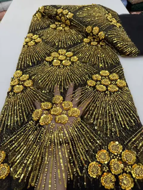 African Heavy Beaded Lace Fabric 2025 High Quality Nigerian Sequin Pearl Lace French Tulle Fabric For Wedding Party Dress Sewing