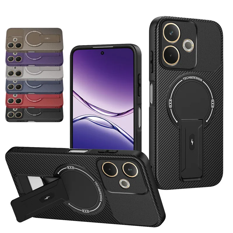 Carbon Fiber Pattern Armor Phone Case with Magnetic Wireless Charging and Foldable Stand