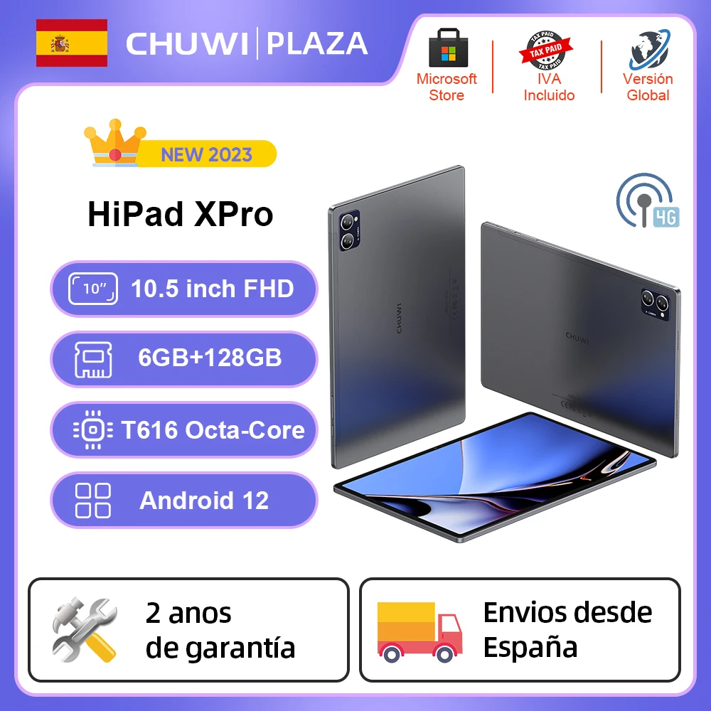 CHUWI HiPad XPro 2023 Nueva tableta de 10,51 pulgadas Pantalla 1920*1200 FHD Android 12 Unisoc T616 Octa Core 6GB RAM 128GB ROM 4G LTE Dual SIM 7000mAh Batería 13MP 8MP Cámara