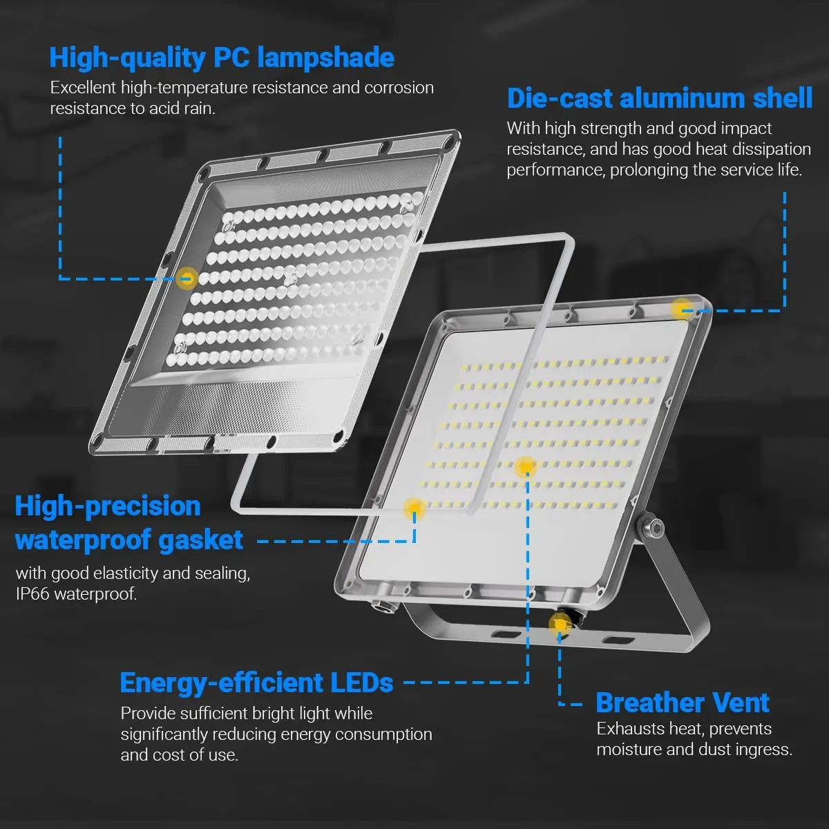 100W200W 플러그인 LED 투광등 실외용, 밝은 LED 작업등 플러그 포함, IP65 방수 6000K 투광 조명 백야드용