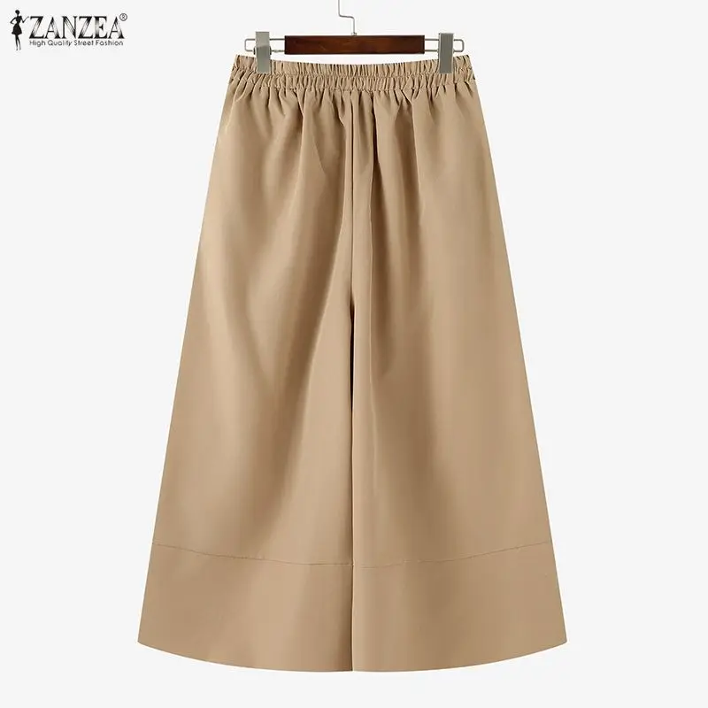 ZANZEA Women Casual Calf-Length Pants Elastic Back Waist Solid Color Wide-Leg Cropped Pant Loose Cozy Woman Bottoms Fall 2025