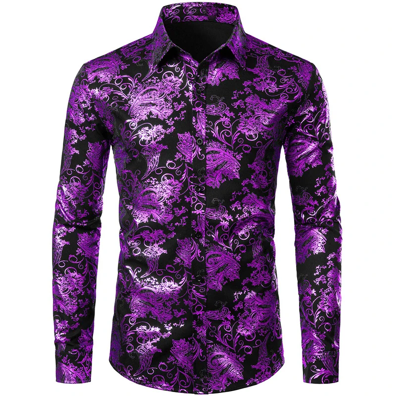 thumbnail image 1 of Camisa de vestir con estampado floral dorado de lujo para hombre, camisas de manga larga con botones y estampado completo en 3D para fiestas, blusas casuales para hombre, 1 of 5