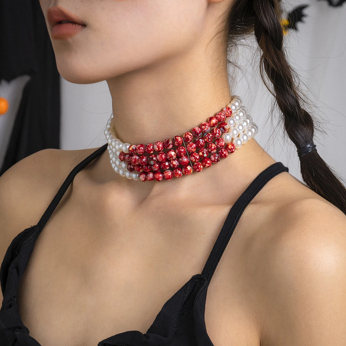 Collier Ras Du Cou Halloween Avec Strass – Perles Noires, Ajustable, Pour Femme Et Fêtes - 3