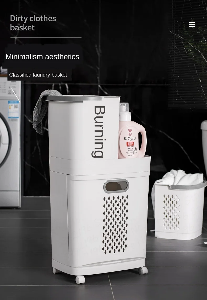 Description Picture 2 of itemUniversal Wheel Design Laundry Basket Ins Style Clothes Storage Hollow-Out Design-Household Classification Laundry Solution