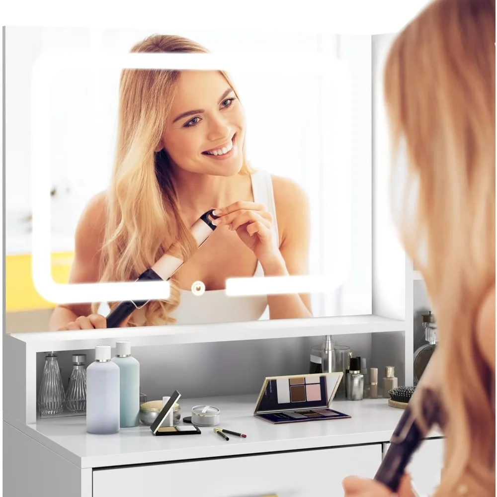 Makeup Vanity with Mirror & LED Lights，Makeup Vanity Table with 2 Drawers & 4 Storage，Small Set Storage Stool