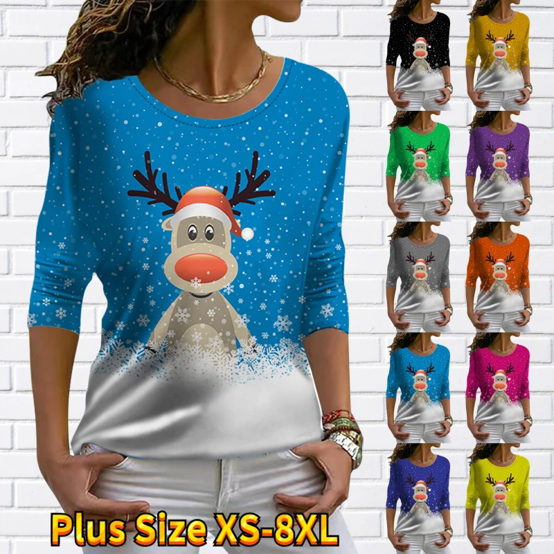 

2022 New Round Neck Top Winter Snowman T-shirt Fall Women Simple Style Pullover Christmas T-shirt Fashion Printed Long Sleeve
