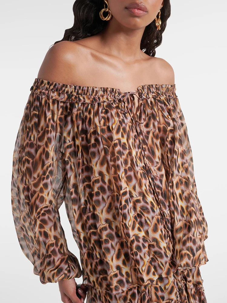 

Tulle strapless women's tops chic high street leopard print Woman clothing 2024 summer new