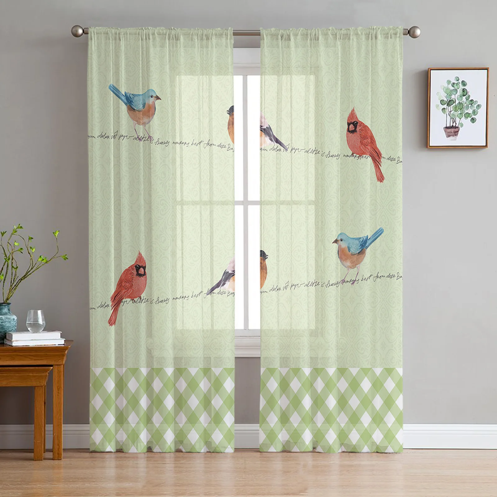

Bird Watercolor Green Plaid Tulle Voile Curtains For Bedroom Window Curtain For Living Room Sheer Curtains Blinds Organza Drapes