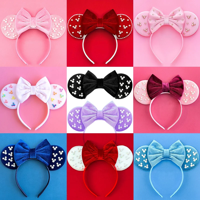 Disney Pearl Mickey Mouse Ears Headbands For Baby Girl Sequins Bows Hairbands Women Headwear Kids Party Hair Accessories Gifts